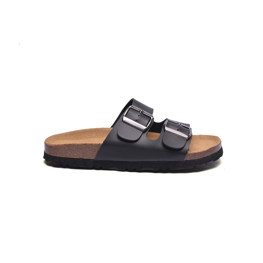 Dép đế trấu unisex 2 khóa da pu đen