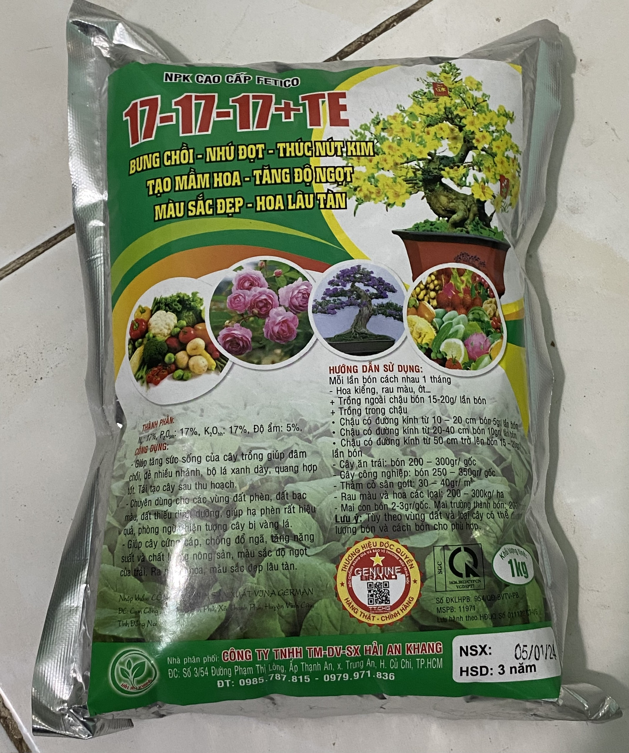 Phân bón npk 17-17-17+te chuyên dùng cho hoa, cây cảnh gói 1kg