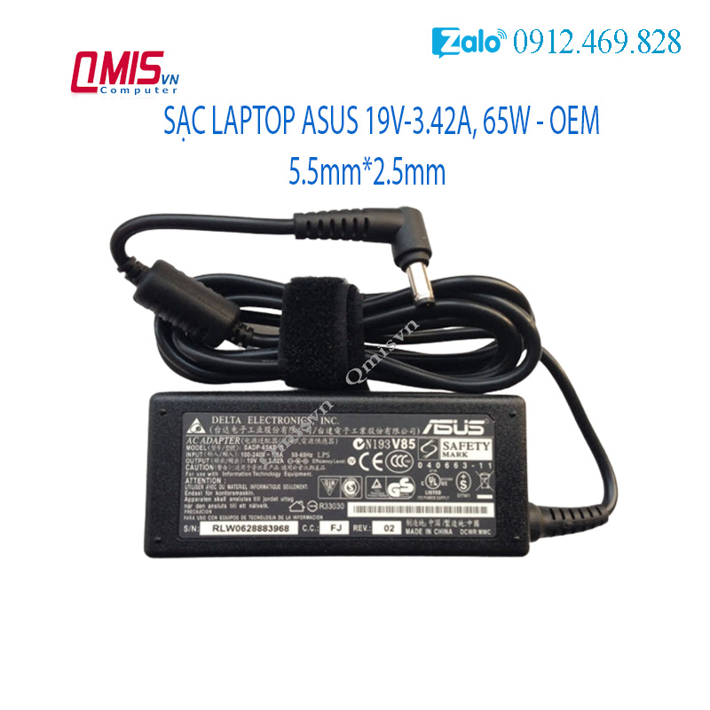 Sạc laptop asus 19v-3.42a, 65w, đầu thường