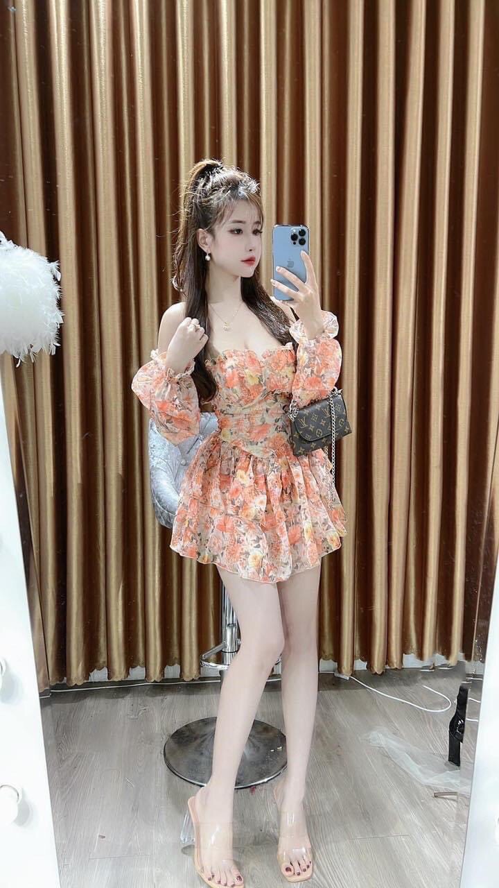 đầm voan hoa  tay dài cực sang