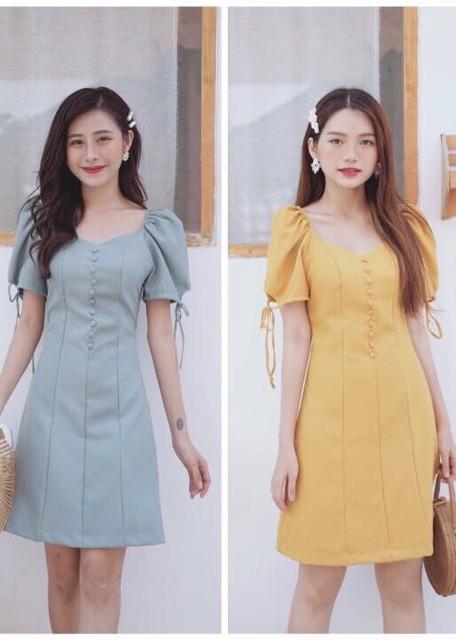 Đầm nút bọc tay nơ 2 màu (kèm hình thật)