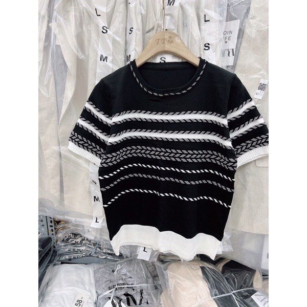 Áo len nữ dệt kim ngắn tay cổ tròn Shynstores phối viền họa tiết kẻ