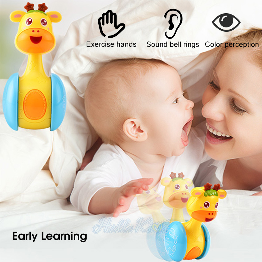 HelloKimi ChildrenCartoon Tumbler Doll Roly-poly Baby Toys Giraffe Tumbler Doll Early Learning Toy Toddler Musical Wobble Rattles Ring Bell Music Learning Educational Toy Cute Shape Toy for Kids