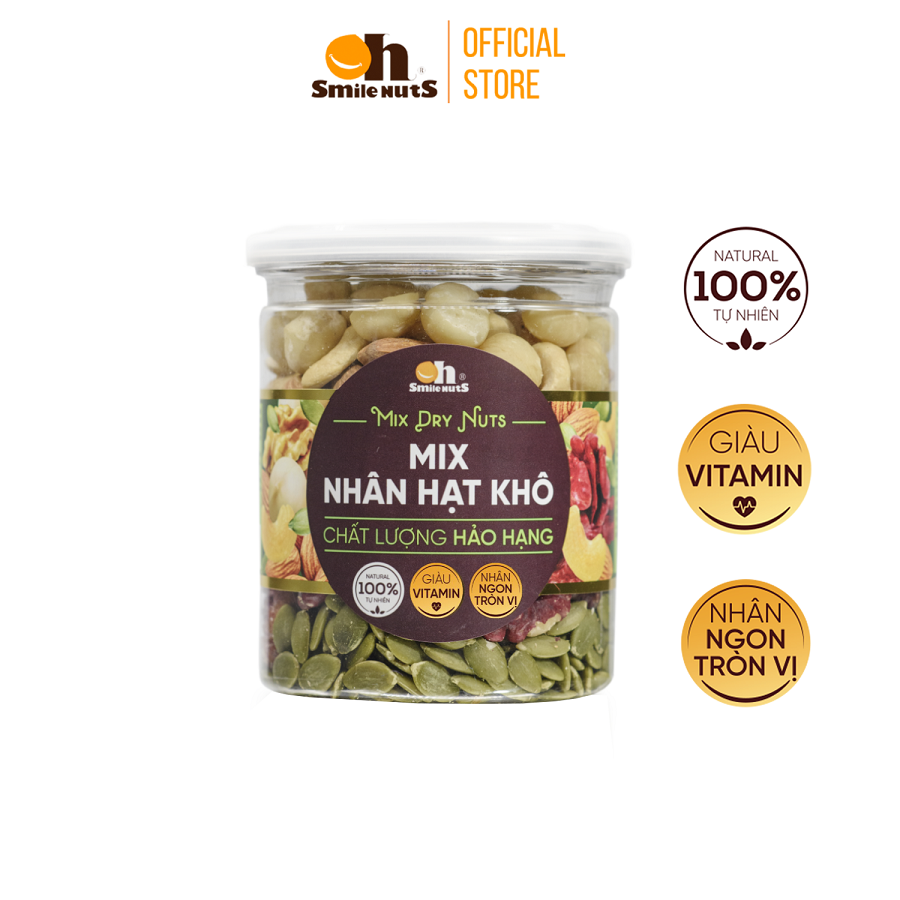 Mix nhân các loại hạt dinh dưỡng smilenuts hộp 255g _ gồm nhân óc chó đỏ mỹ, nhân óc chó vàng chile, hạnh nhân tách vỏ mỹ, nhân hạt macca úc, nhân hạt điều bình phước, nhân hạt bí xanh