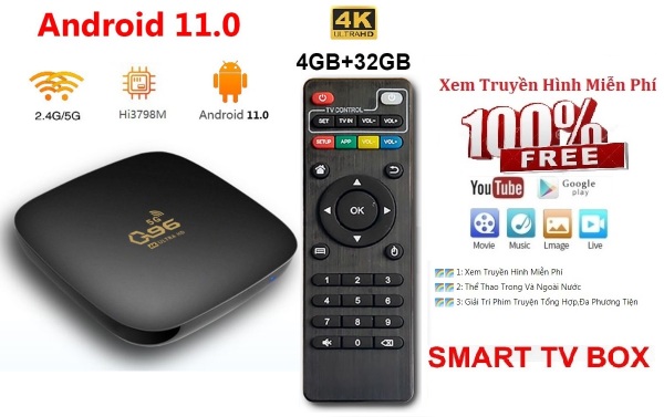 Tv Box-Smart Box Tv G96 Android 11 Ram 4GB Rom 32GB 4K 1080p Wifi 2.4g & 5g Xem Miễn Phí 200 Kênh Truyền Hình-Thể Thao Bóng Đá-Phim Truyện BH 12 Tháng