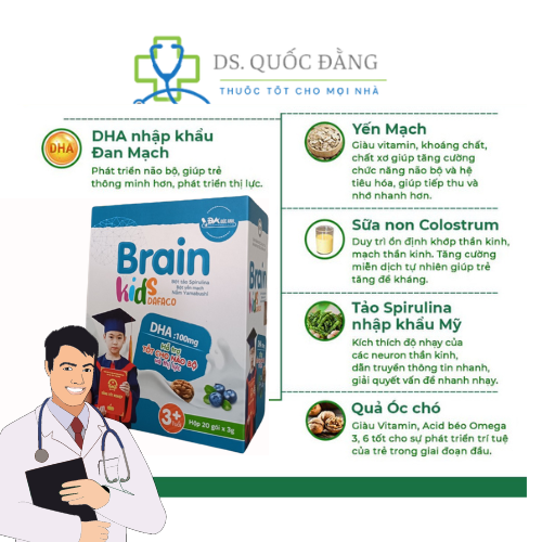 Cốm trí não brain kids daphaco - hỗ trợ bổ sung dha, các vitamin hỗ trợ phát triển não bộ và thị giác hộp 20 gói
