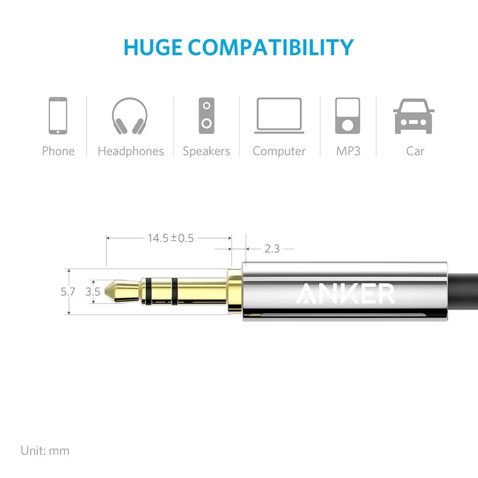 Cáp âm thanh ANKER AUX Audio Cable jack 3.5 dài 1.2m