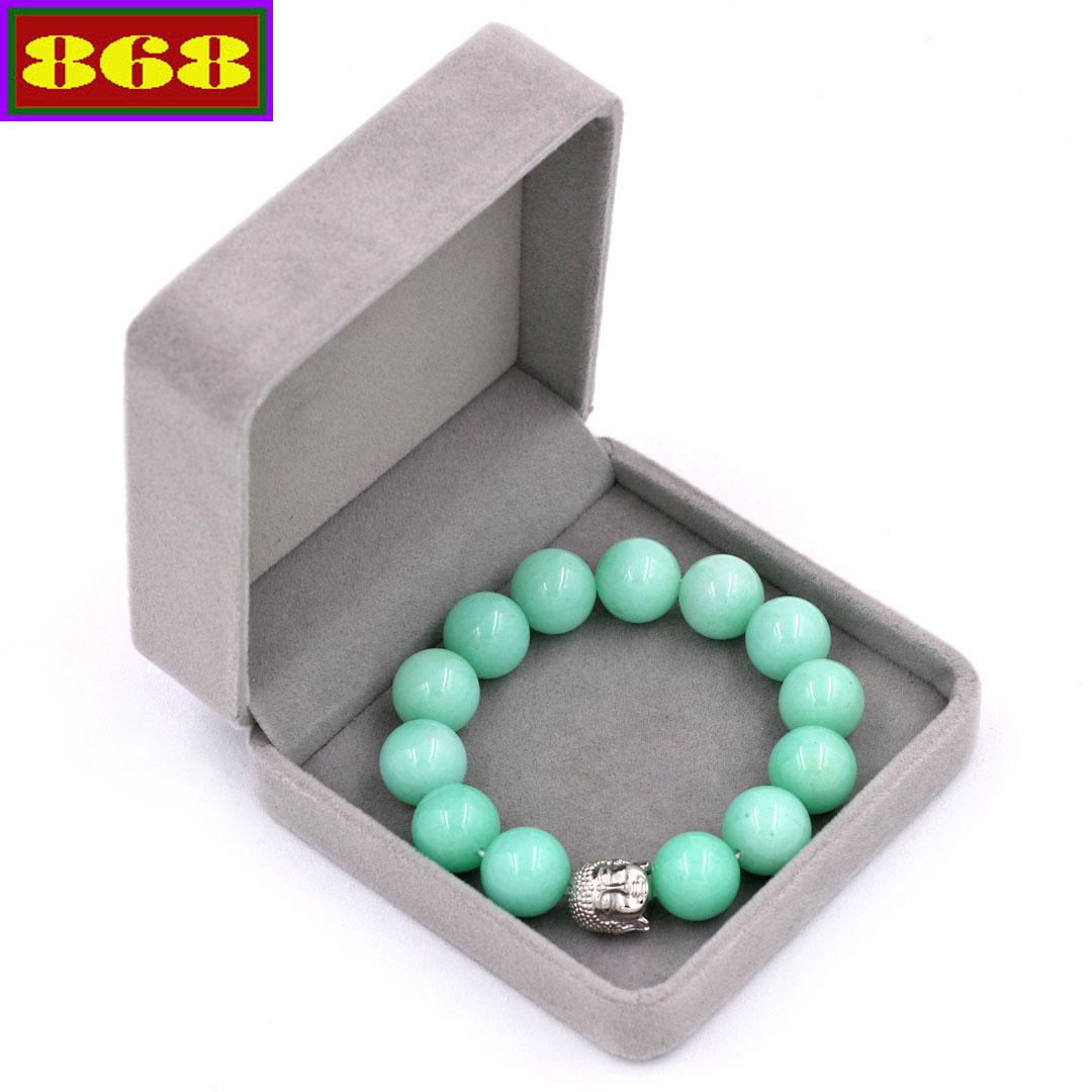 Vòng tay phong thủy A di đà inox trắng - Chuỗi đá ngọc bích xanh 14 ly VNBXNLT14 hộp nhung