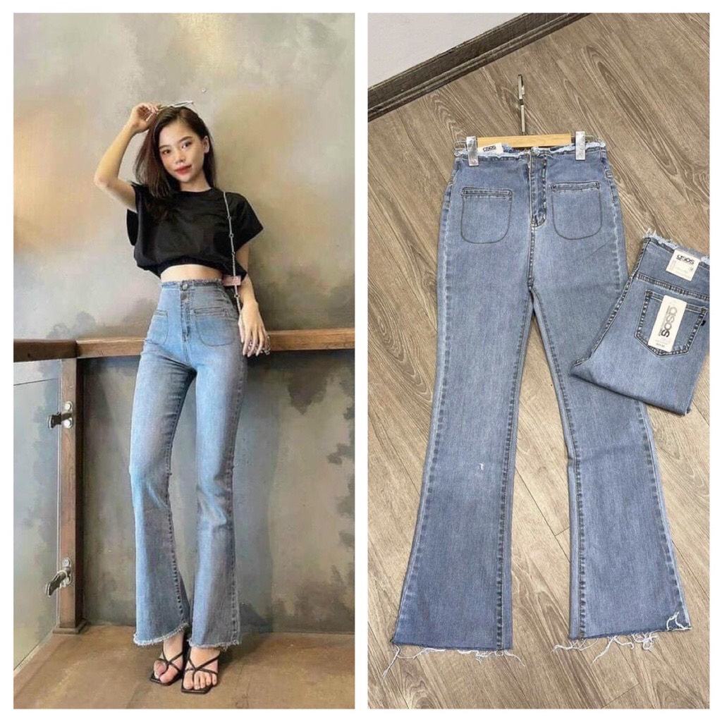 Quần bò jean ống loe dáng dài cạp siêu cao