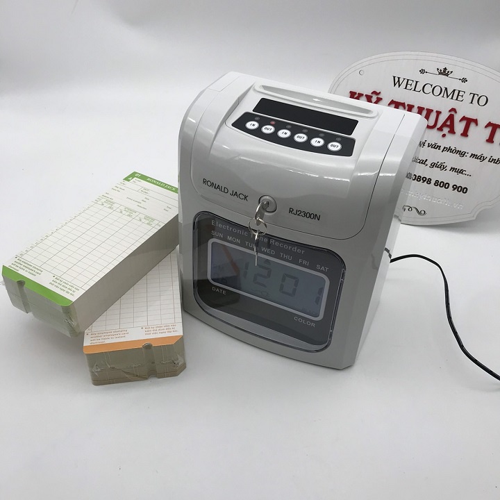 RJ-2300A/N Máy châm công thẻ giấy, đồng hồ kim, màu trắng xám, in 6 cột, tặng 200 thẻ, tích hợp loa, phù hợp 100-350 nhân viên