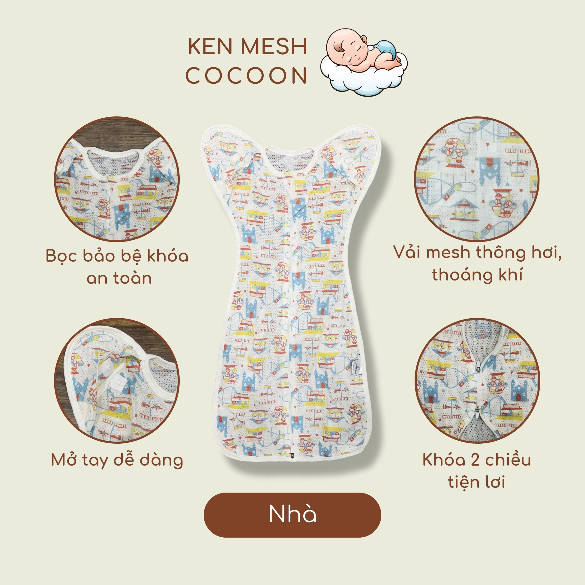 Nhộng chũn thông hơi cho bé sơ sinh ngủ ngon, sâu giấc, chống giật mình - Nhộng ngủ vải Mesh mở tay thành túi ngủ