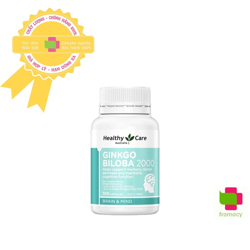 Viên uống bổ não Healthy Care Ginkgo Biloba 2000 mg, Úc (100 viên) tăng tuần hoàn máu não, cải thiện nhận thức, trí nhớ nhập khẩu