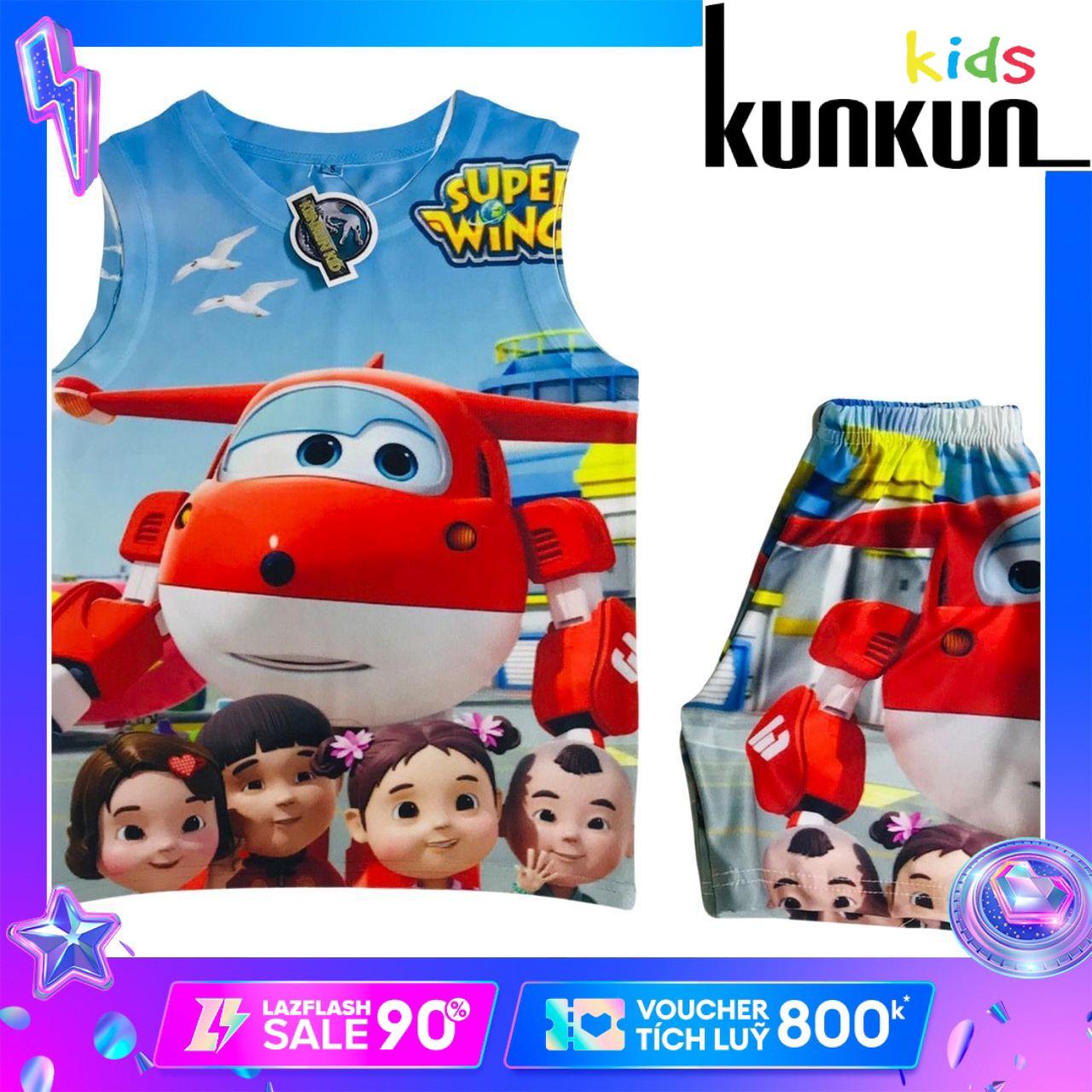 Quần áo bé trai in hình Máy bay và các bạn nhỏ chất Thun lạnh Kunkun Kid BL217 - Bộ ba lỗ bé trai size đại từ 10-60kg