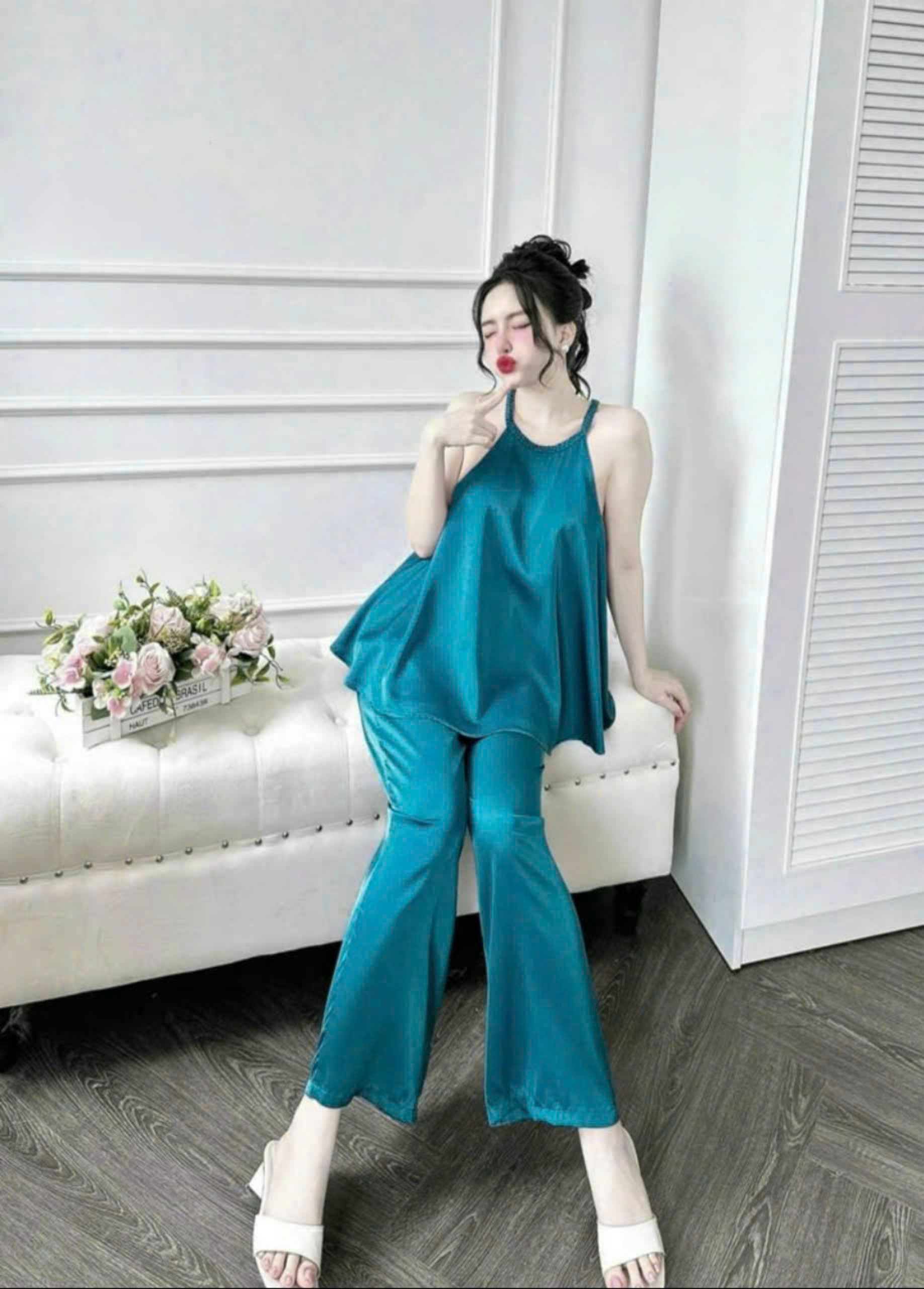 Set quần áo 2 dây nữ, đồ ngủ lụa 2 dây freesize 54kg - cn92