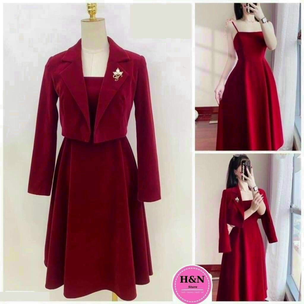 Đầm nữ thời trang mặc đi tiệc, Đầm umi maxi có mút hai dây váy xoè kèm kèm khoác ngắn tay dài phong cách Hàn Quốc