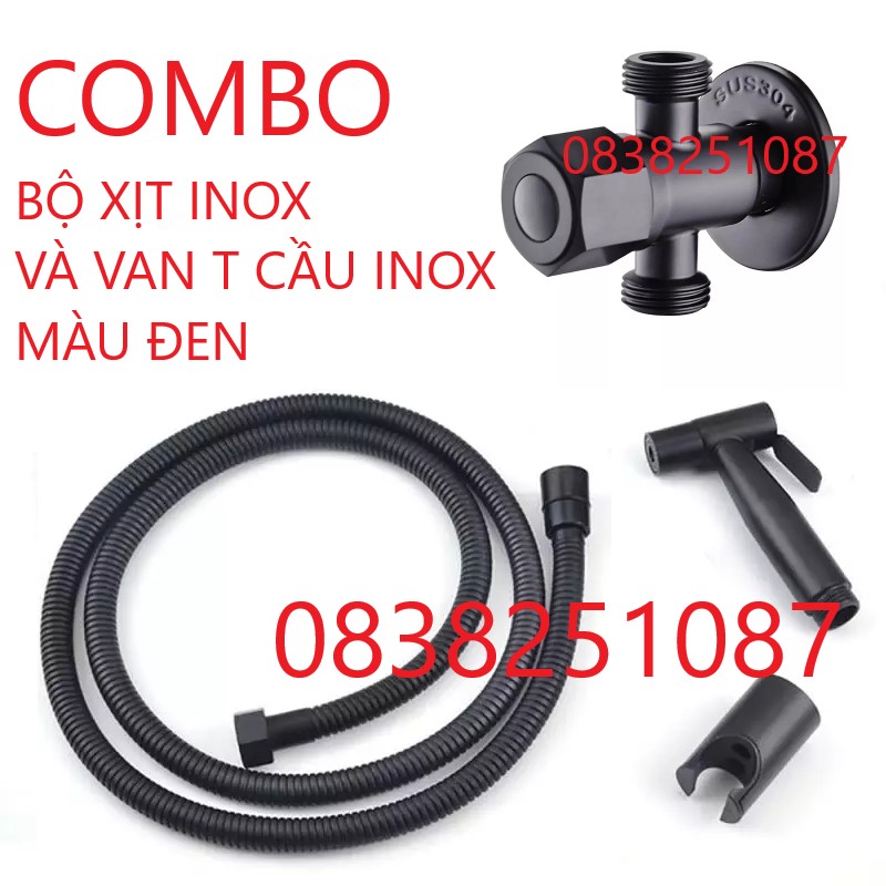 Combo bộ vòi xịt vệ sinh Inox 304 và van nước chữ T Inox 304 màu đen