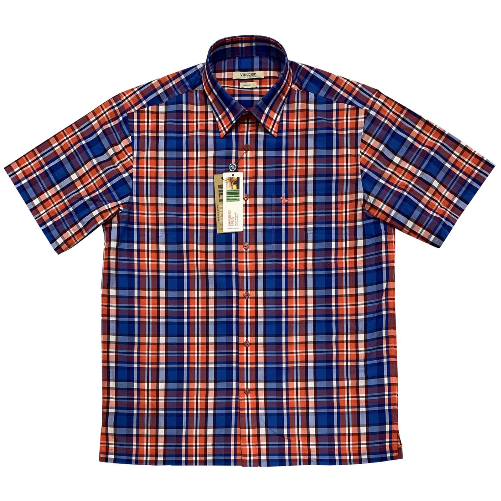 Viettien - Áo sơ mi nam ngắn tay xẻ tà lai ngang ca rô regular 0583