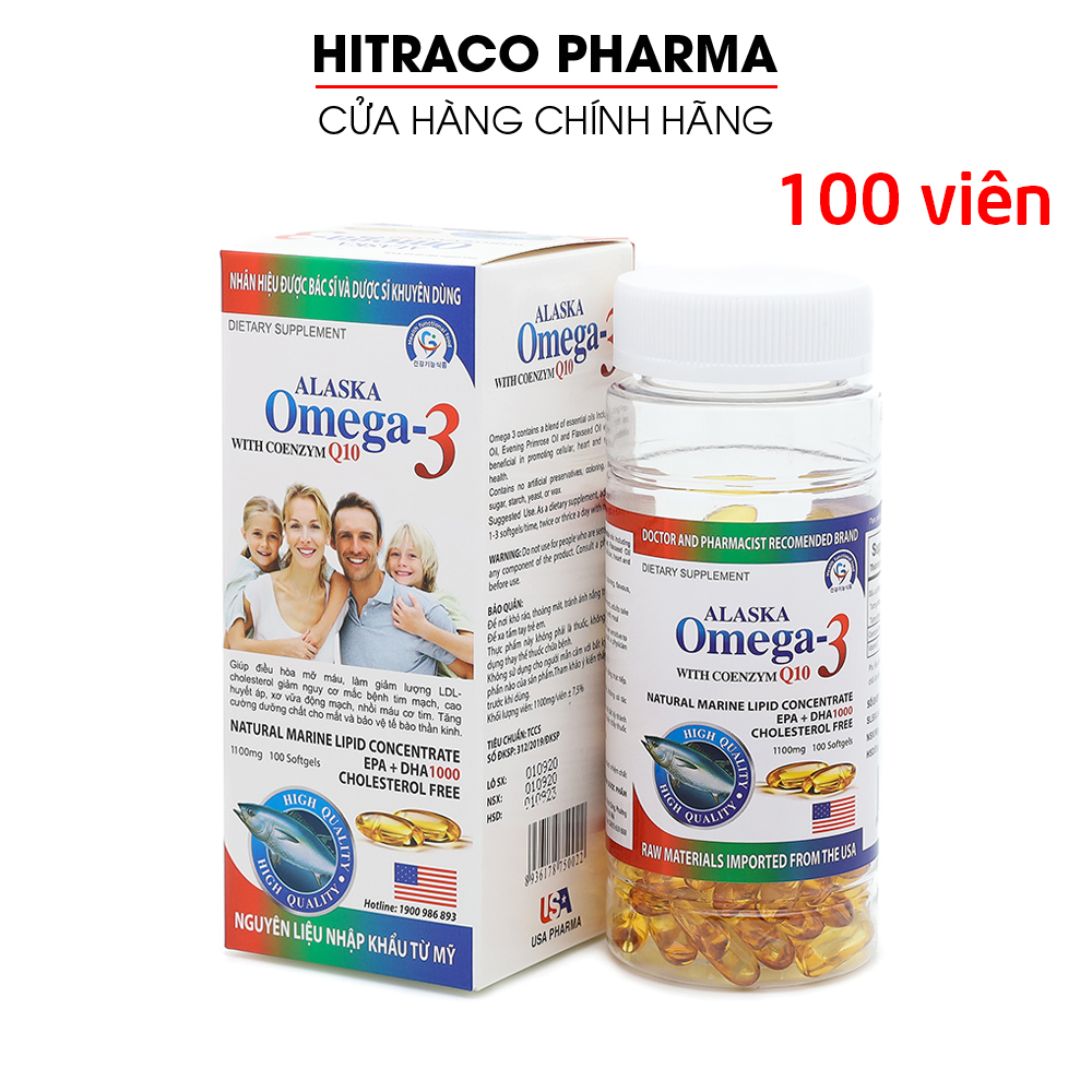 Viên dầu cá Alaska Omega 3 bổ não, sáng mắt, khỏe mạnh tim mạch, tăng cường trí nhớ - Hộp 100 viên thành phần dầu cá 1000mg, EPA 180mg, DHA 120mg