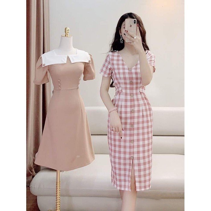 ĐẦM CARO CỔ TIM CỘT EO PHỐI NÚT SANG TRỌNG DÀI ĐẦM 96CM   (KÈM QUÀ TẶNG)