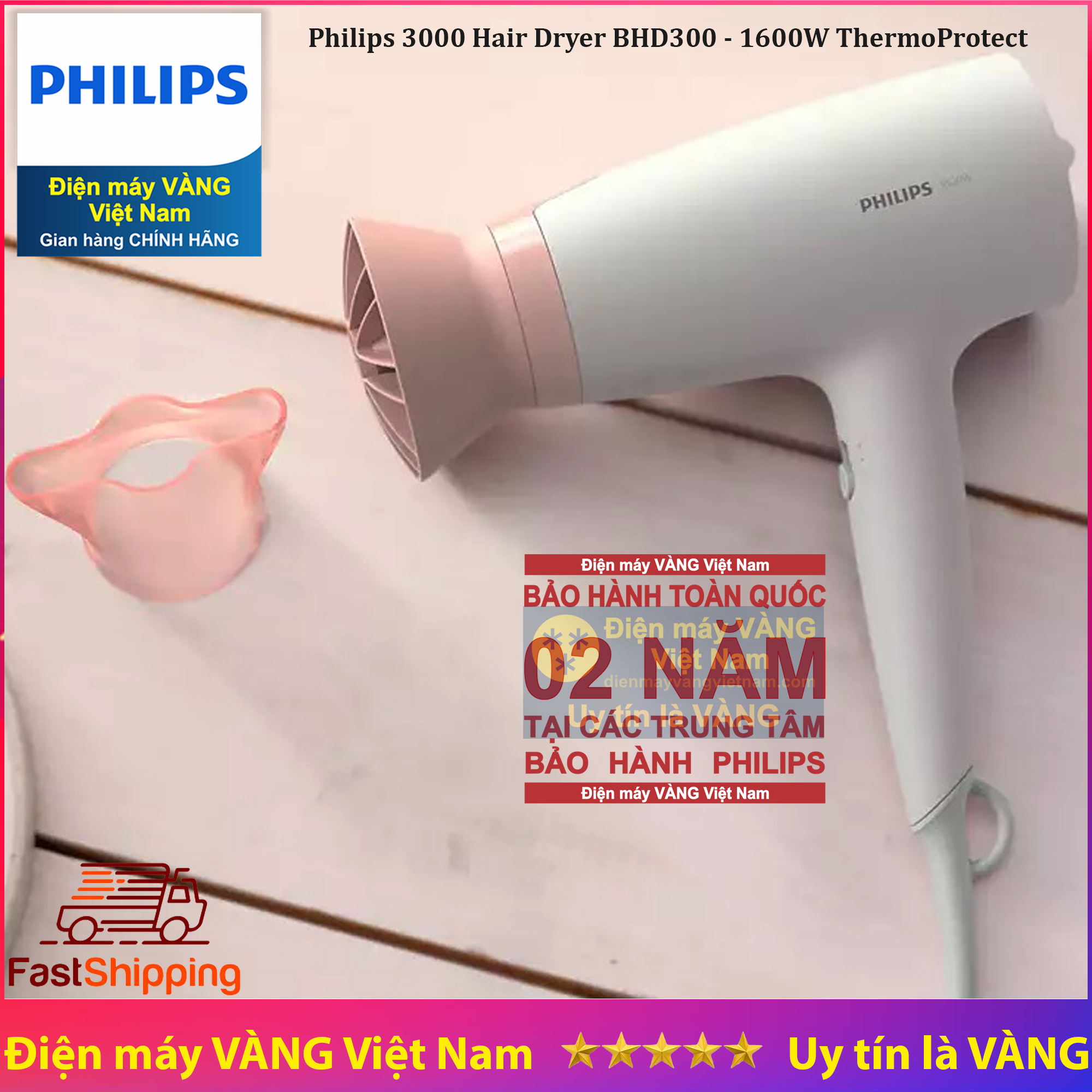 Máy sấy tóc Philips BHD300/10 , Công suất: 1600w, 3 chế độ sấy tóc với chế độ nhiệt Thermo Protect cùng chế độ sấy mát - Hàng chính hãng