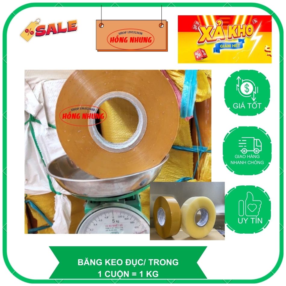 1 cuộn băng keo trong, bk đục 1kg lõi mỏng, băng dính 1 kg; hồng nhung shop