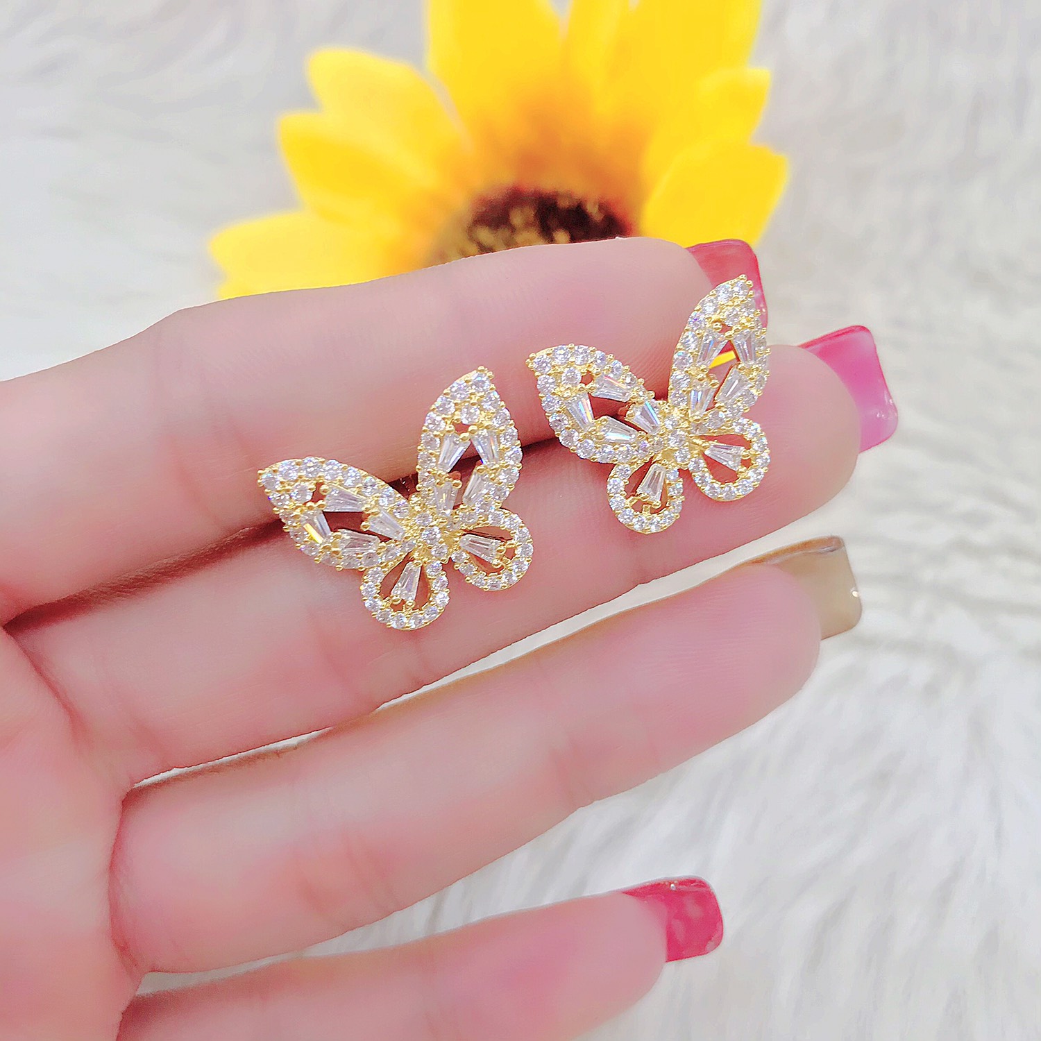 [B892] double earrings female gold plated 18K butterfly wings Crystal sparkling fill-take away play, go to party very To-Tubi cony-earrings female earrings, gold plated earrings, beautiful