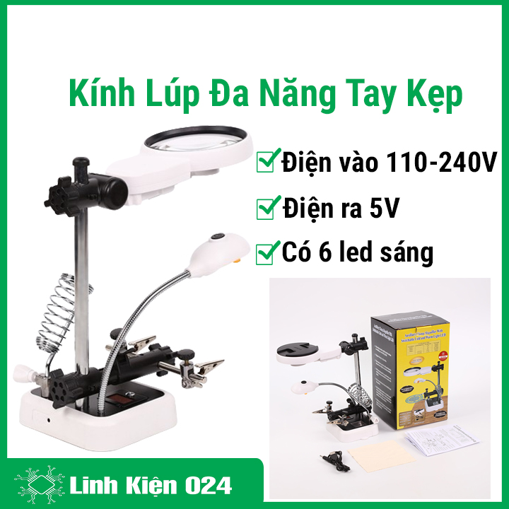 Kính lúp đa năng tay kẹp có đèn 16129DC 90mm hàn mạch điện tử
