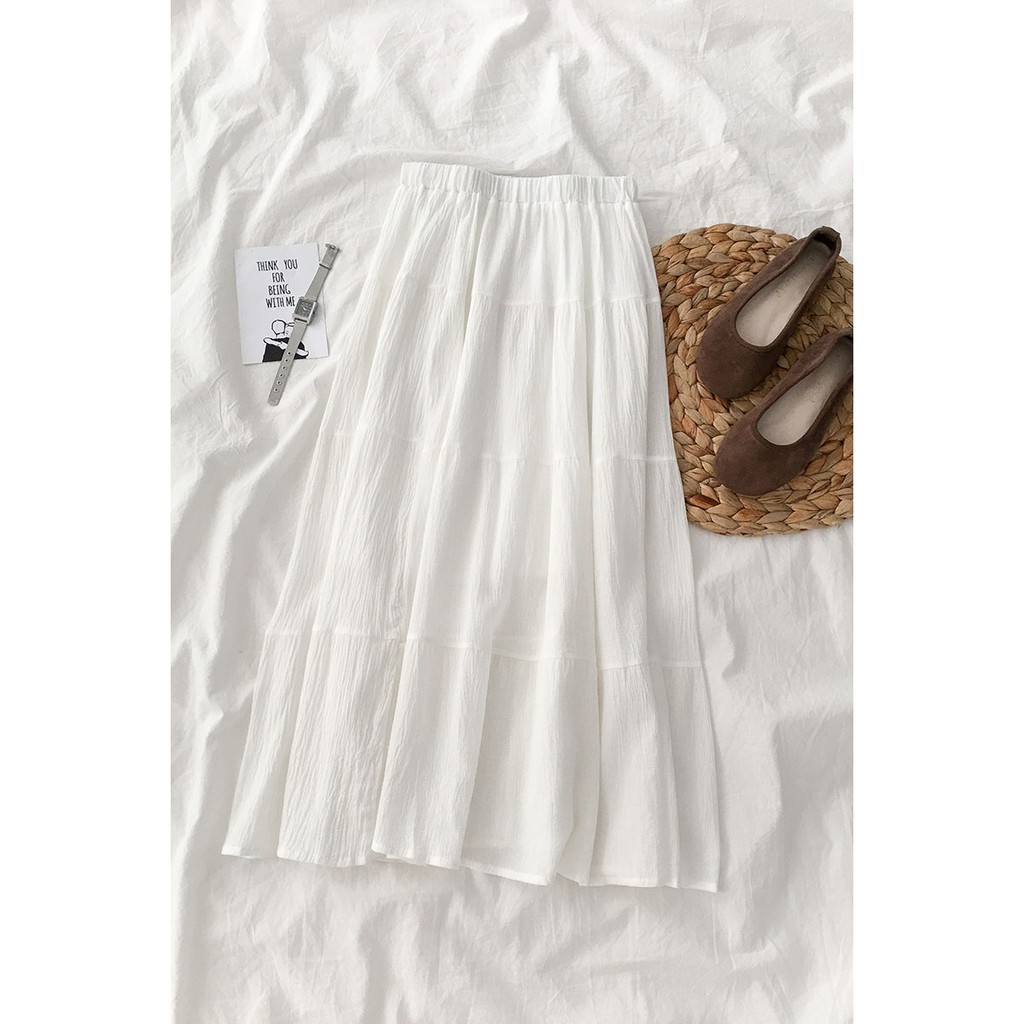 Sẵn) Chân váy trắng dáng dài xòe xếp 3 tầng lưng thun | Shopee Việt Nam