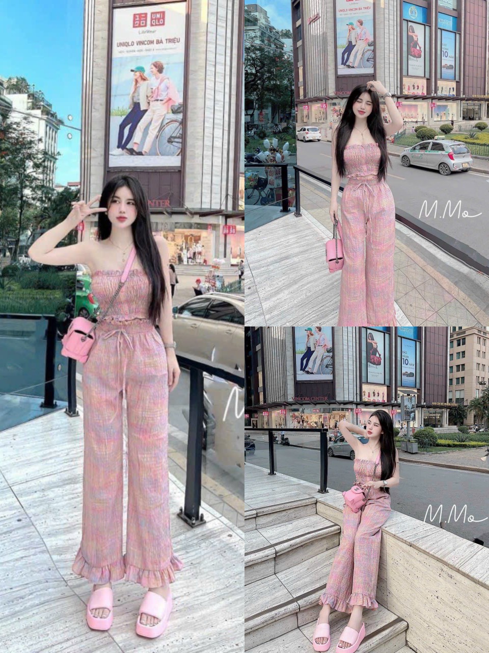 Sét bộ thời trang nữ mặc đi chơi giá siêu rẻ chất lụa xốp phồng caro hồng áo ống cúp ngực mix quần suông ống rộng