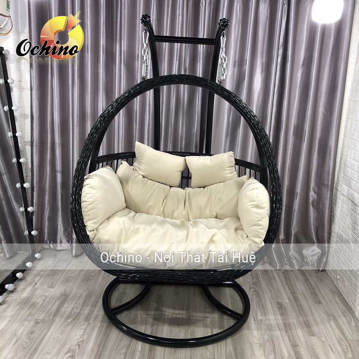 Ghế xích đu đôi nhựa giả mây cao cấp mẫu phượng hoàng tết đôi hiện đại