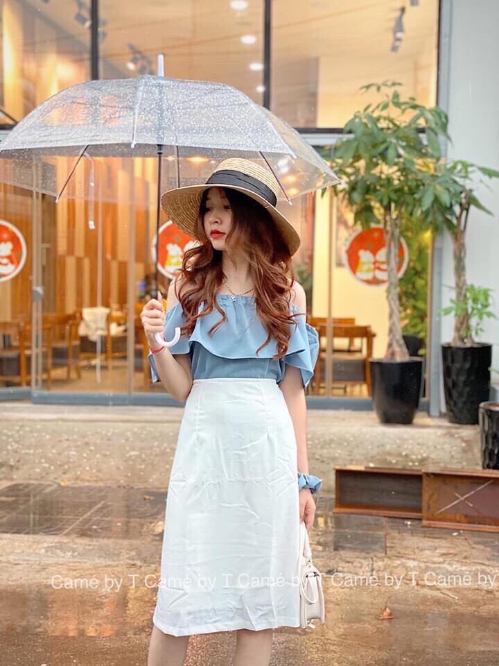 Sét Bộ Voan Áo Xanh Trễ Vai Phối Chân Váy Trắng Sang Trọng TTSA0572