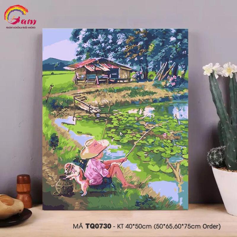 Tranh sơn dầu số hóa tự tô màu kỹ thuật số DIY Có khung phong cảnh làng quê nông thôn - Mã TQ0730 Em bé câu cá Tranh Trang trí Sang trọng Làm quà tặng Giảm Stress