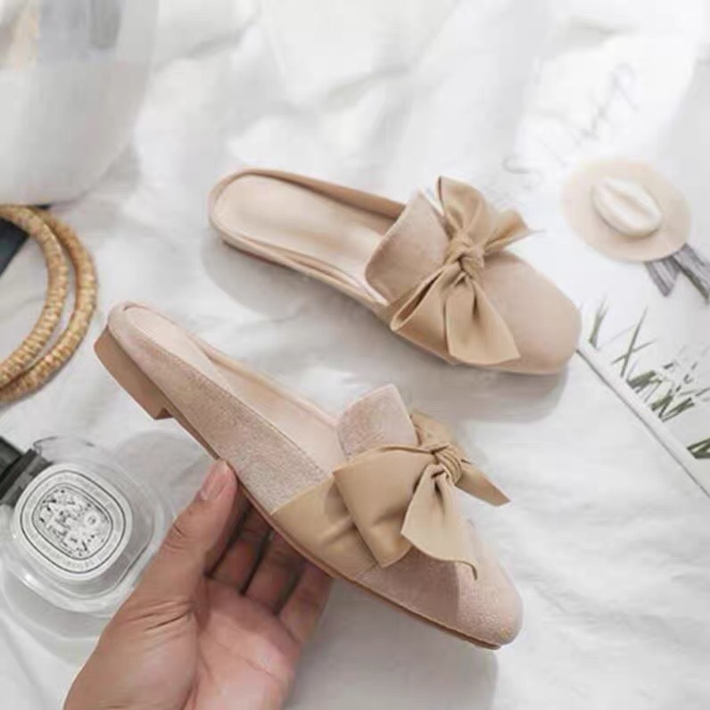 Giày bệt nữ thắt nơ lụa bản to chất dạ mát  cực xinh