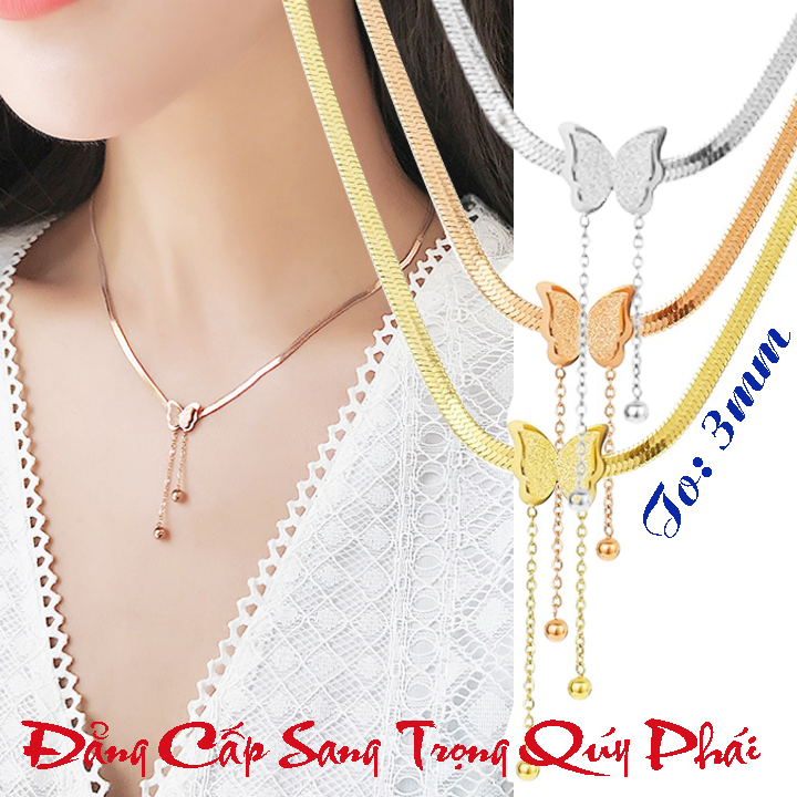 Dây chuyền Nữ bản to titan không đen bướm phun cát dây mì siêu đẹp, bền màu TT4921