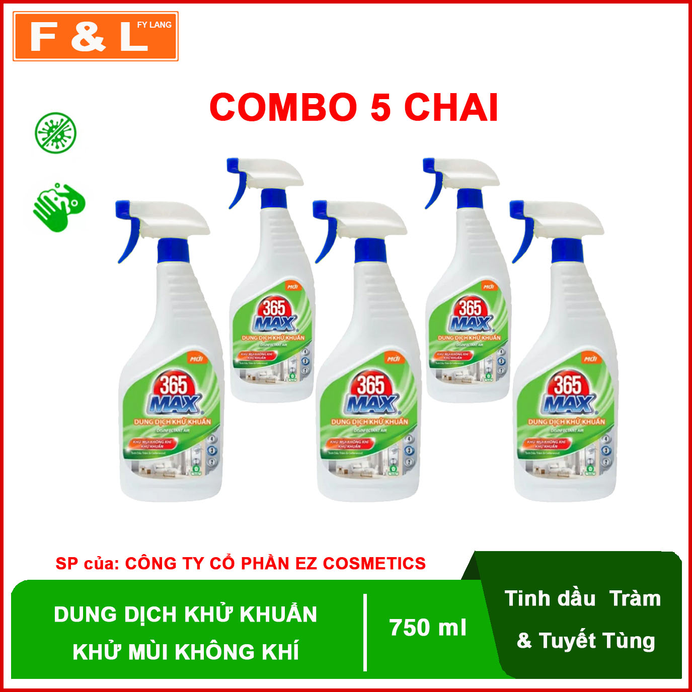 Dung dịch xịt khuẩn khử mùi không khí 365 MAX (Combo 5 chai)