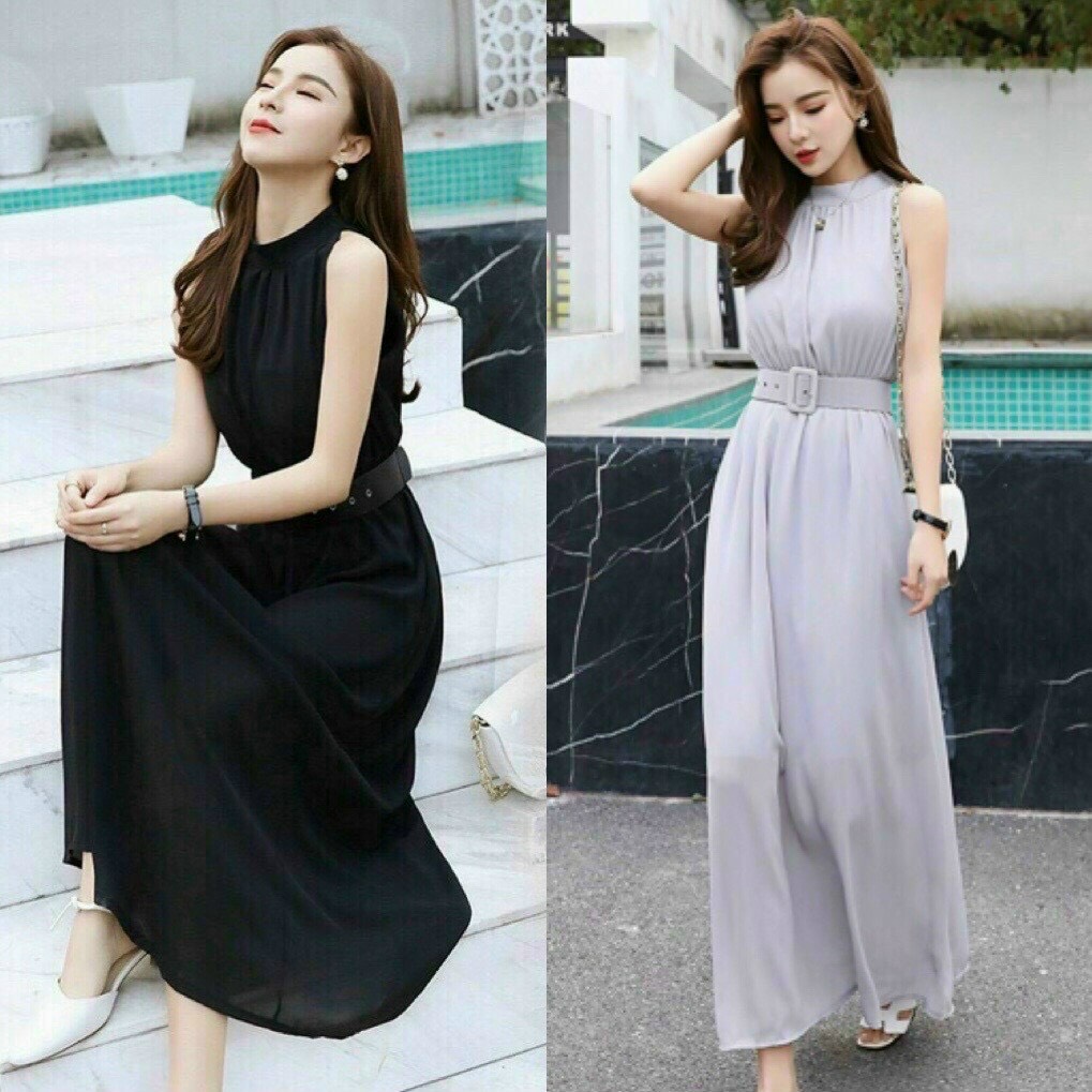 đầm dài maxi chất chifon cổ trụ kèm nịt