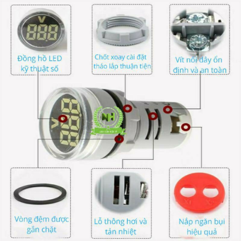 Đèn báo hiển thị kép Volt(20-500V) + Ampe(0-100A) ED16-22VAD