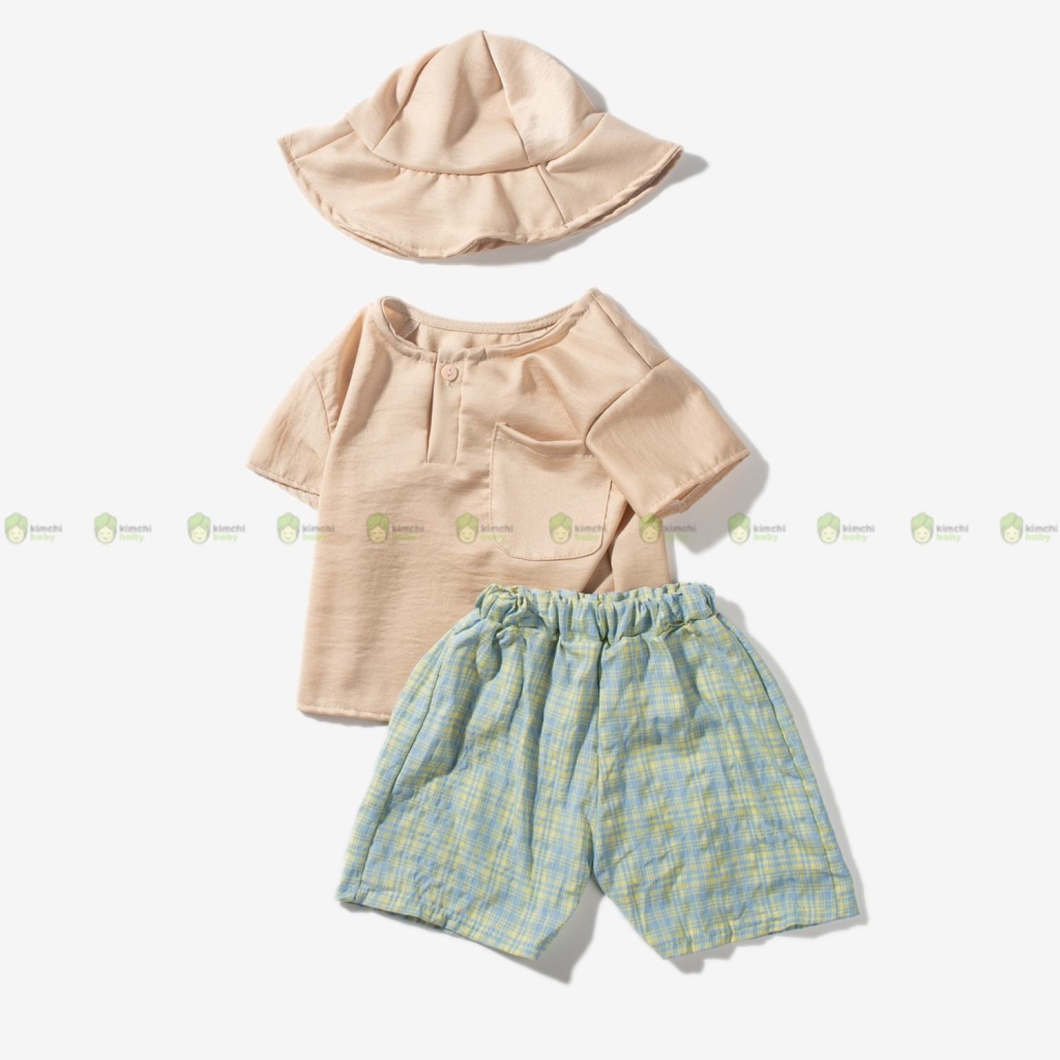Set bộ thô đũi trơn bé trai cúc ngực quần kẻ, bộ quần áo cho bé mặc đi chơi ck21