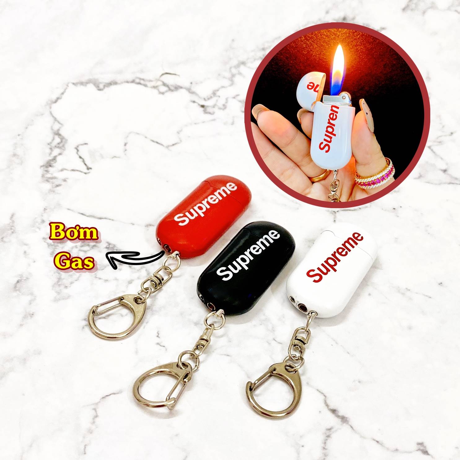 Bật lửa - móc khóa supreme mini - gas đá rãnh tay -