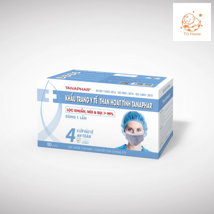 Chính hãng - khẩu trang y tế than hoạt tính 4 lớp tanaphar - hộp 50 chiếc