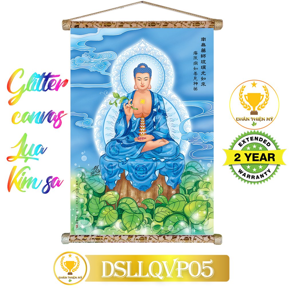 Phật dược sư - tranh vải kim sa cao cấp khung gỗ 40x60cm