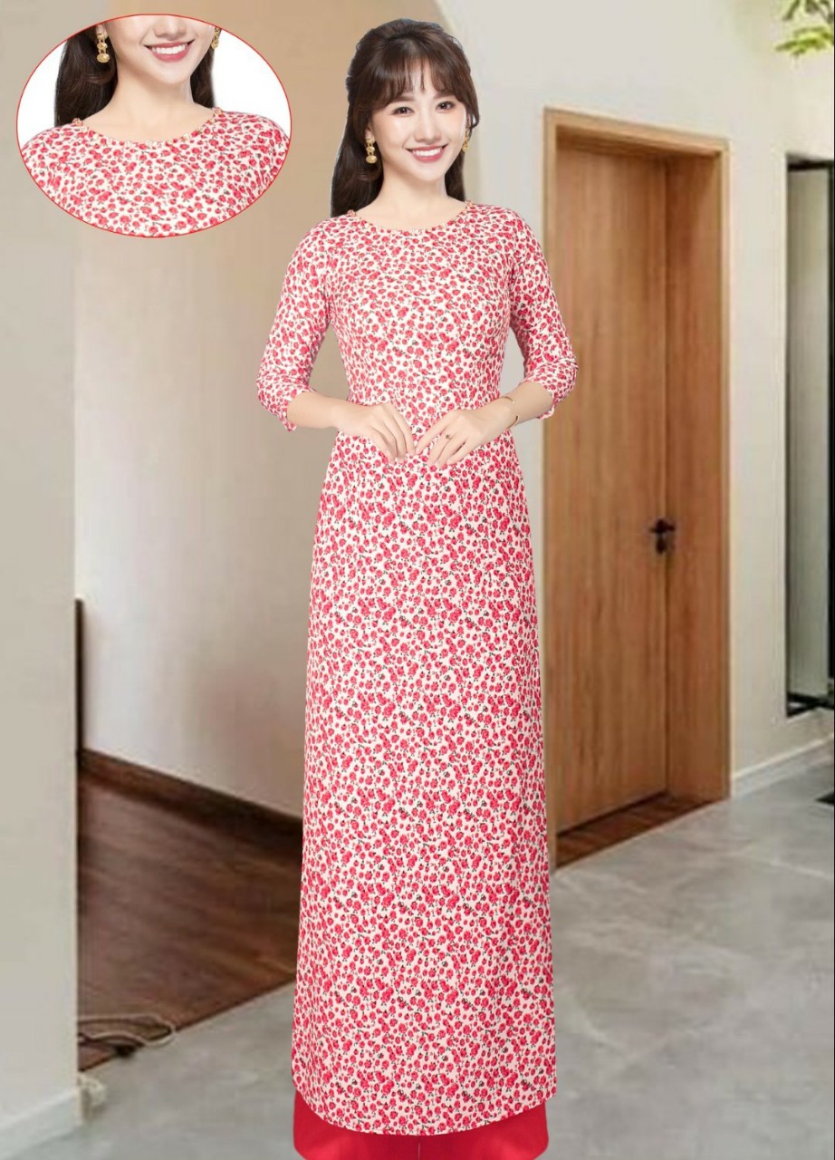 [HCM]Set áo dài truyền thống đỏ nhí ha 220920-280 (áo và kèm quần) tặng kèm đính hạt trên cổ sản phẩm có độ co giãn nhẹ kích thước s m l xl xxl quần dài 103cm