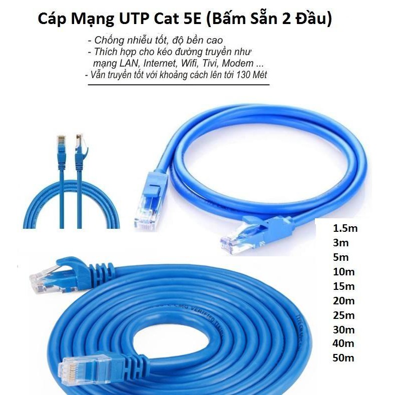 Dây cáp mạng lan chuẩn cat 5e bấm sẵn 2 đầu 1.5m