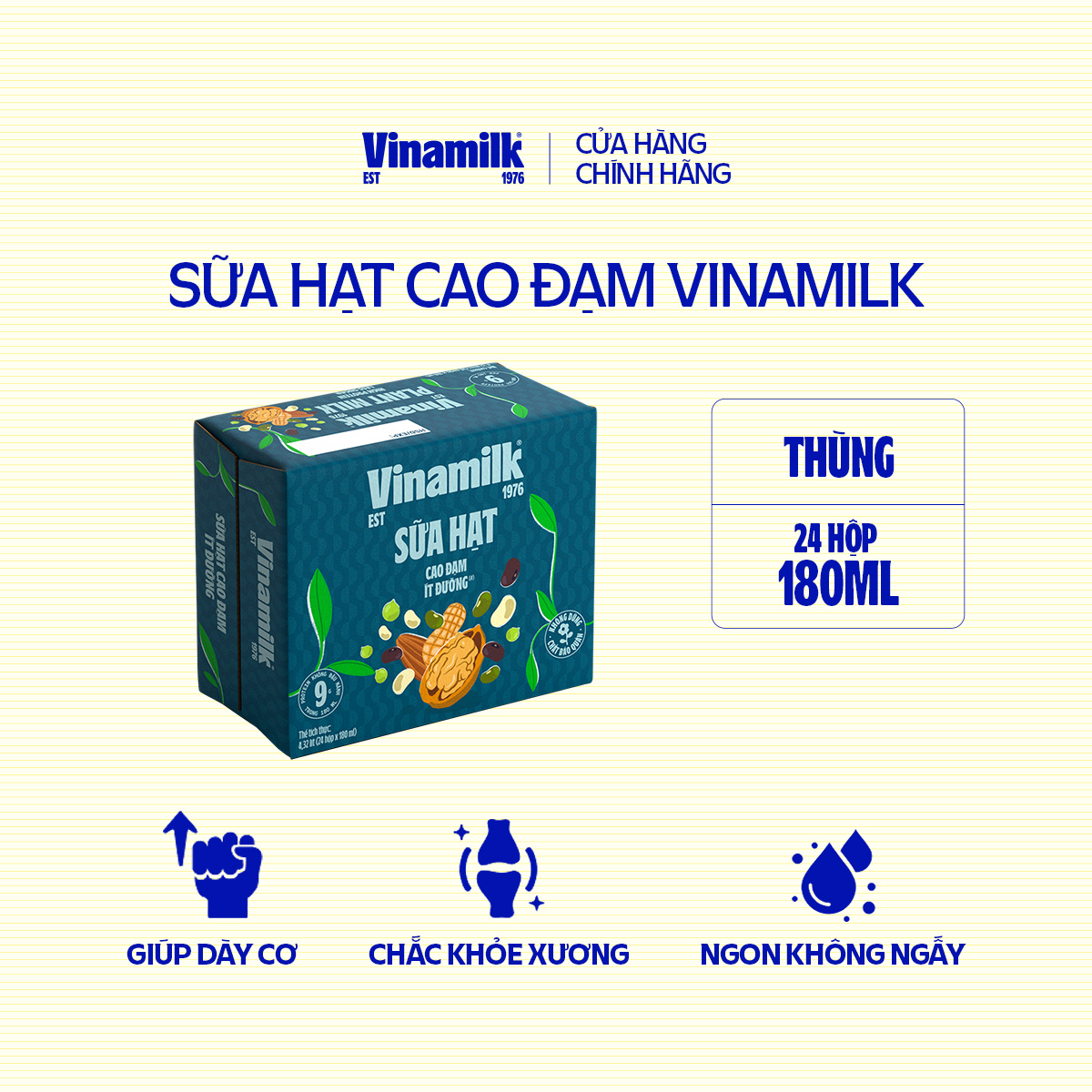 Thùng 24 hộp sữa hạt Cao Đạm ít đường Vinamilk - hộp 180ml