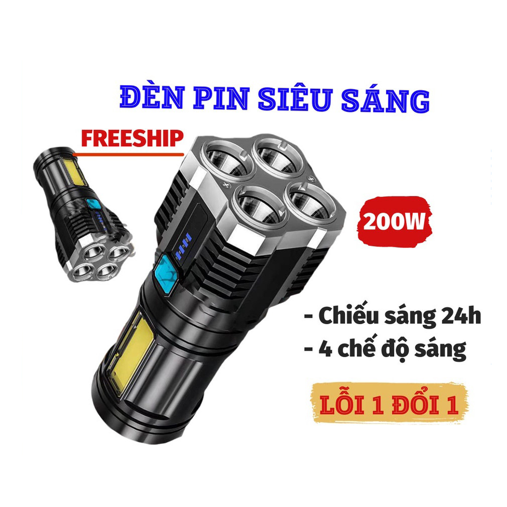 [ BẢO HÀNH 1 ĐỔI 1 ] Đèn Pin Siêu Sáng Cầm Tay Chiếu Xa 4 Chế Độ Sáng Tiện Dụng, Đèn Pin, Đèn Pin Led Cod Mini 4 Bóng Sạc USB Tiện Dụng Mang Theo Du Lịch, Den Bin Tu Ve Sieu Sang