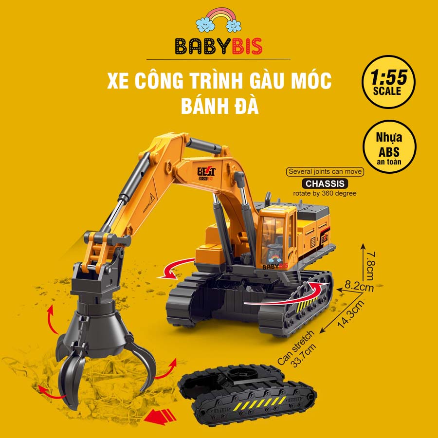 Đồ chơi xe công trình, xe gàu móc, với 3 chốt móc Babybis Mô hình xe công trình, xe bánh xích quán tính, đồ chơi