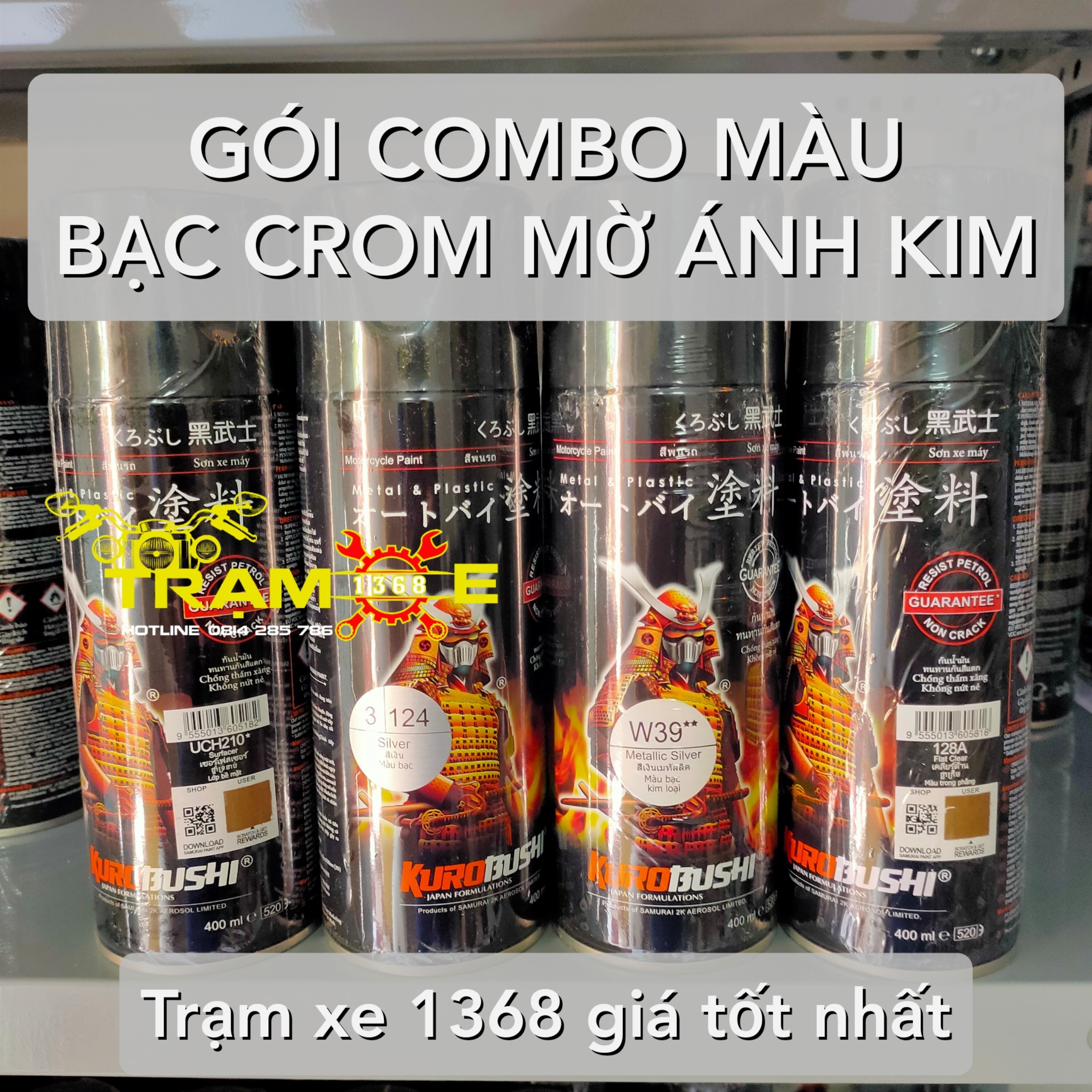 GÓI COMBO SƠN SAMURAI MÀU BẠC CROM MỜ ÁNH KIM W39 GỒM 4 CHAI ĐỘ BỀN CAO - Trạm Xe 1368