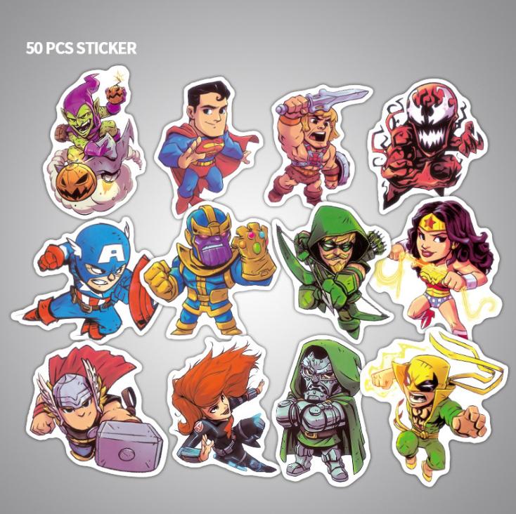 Combo 50 Sticker MARVEL CUTE  ko thấm nước dán Nón BH, laptop, vali, xe,....[016]