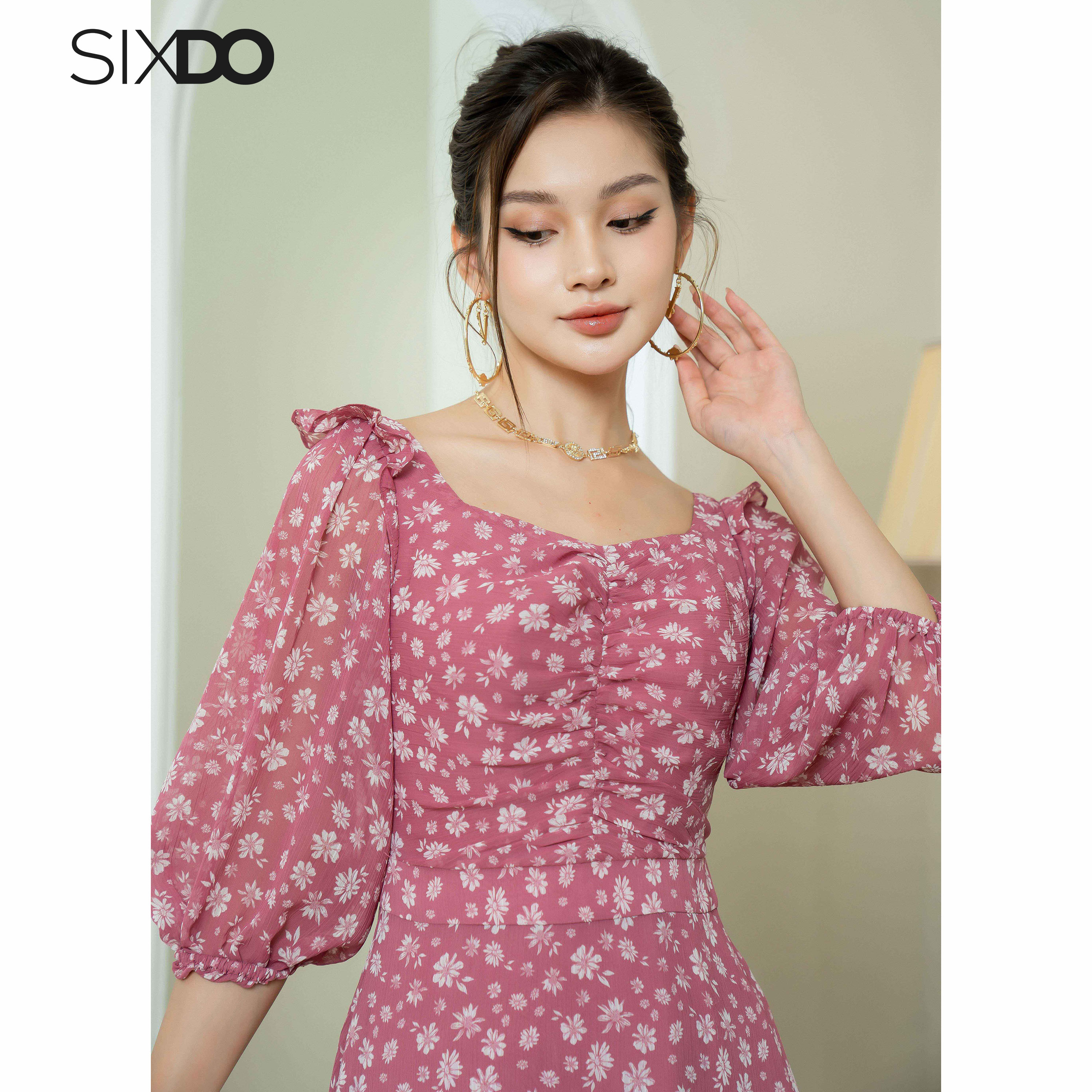 Đầm voan hoa tay phồng SIXDO (Floral Midi Voile Dress)