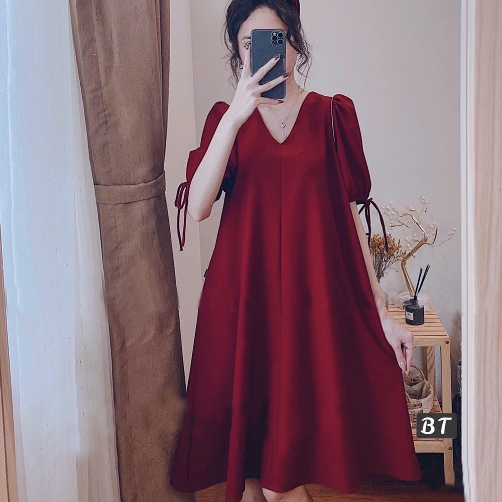 Đầm suông cổ V tay nơ 2 màu